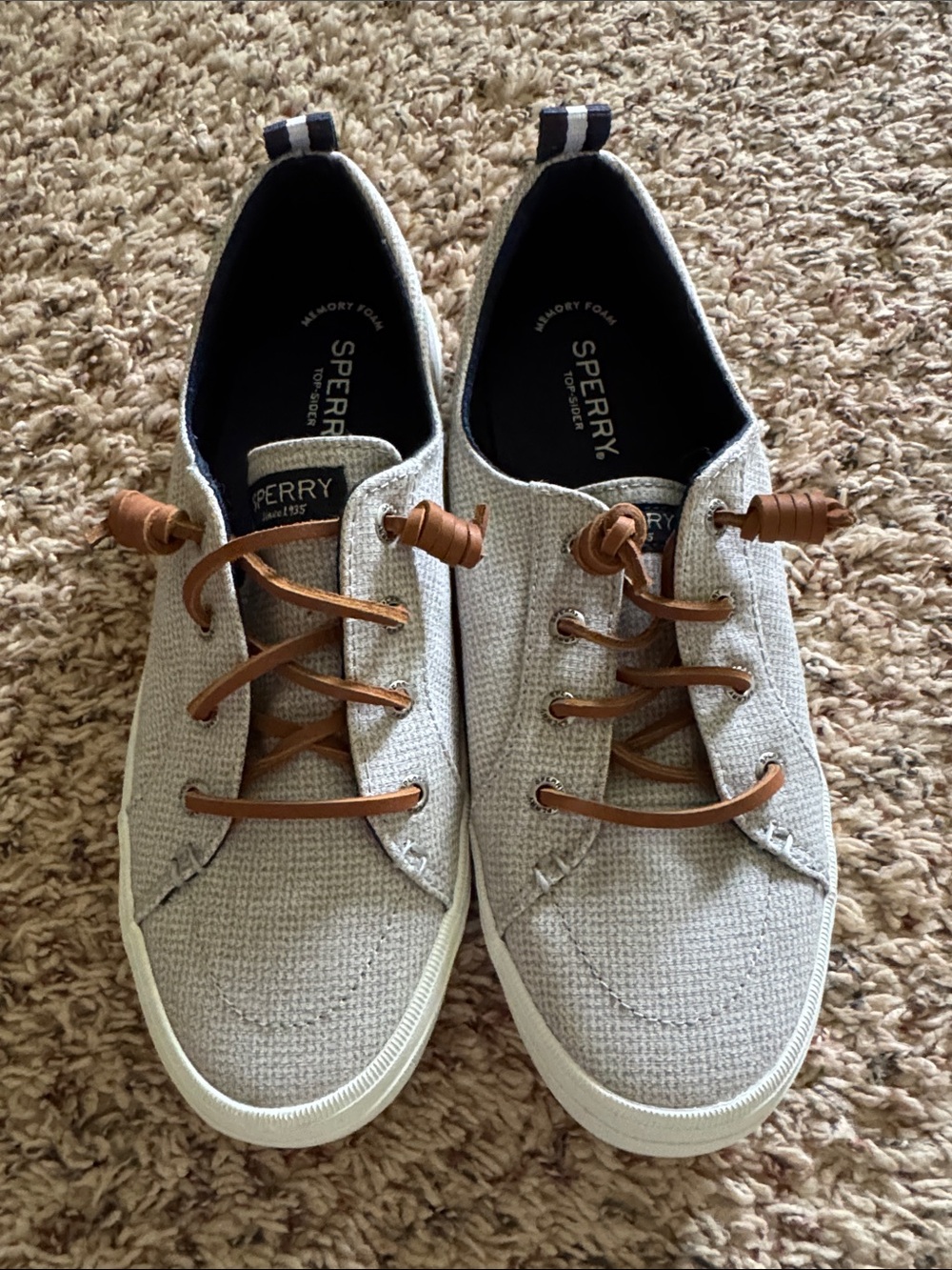 Sperry Woman’s Light Gray Canvas Boat Shoes with Brown Laces NWOT